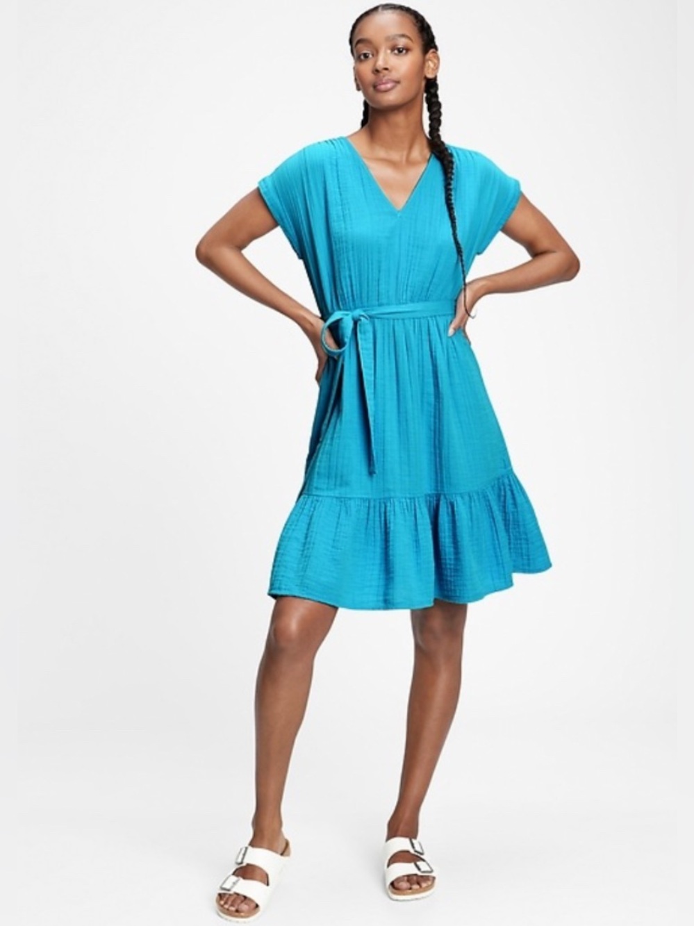 GAP Solid Blue Gauze V-Neck Cap Sleeve Belted Tie Ruffle Shift Dress Small